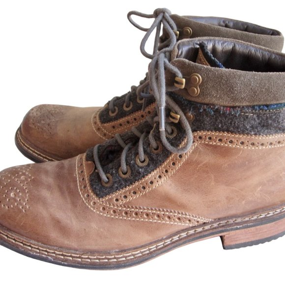 Cole Haan C09601 Mens Lace-Up Boots Size 8 Tan Leather w Gray Wool Made in India